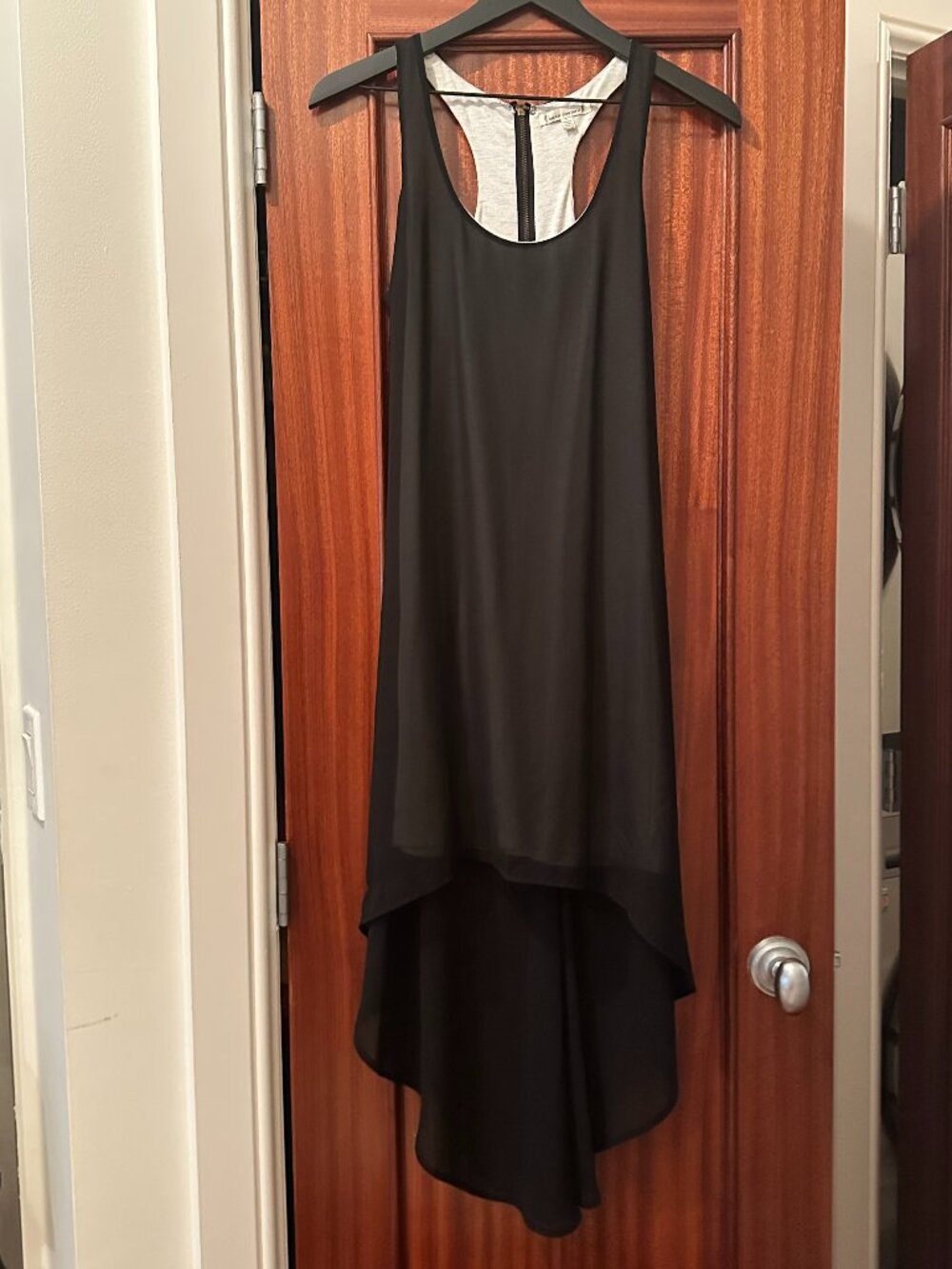 Lucca Couture high-low sheer dress, black with grey liner, Size Small